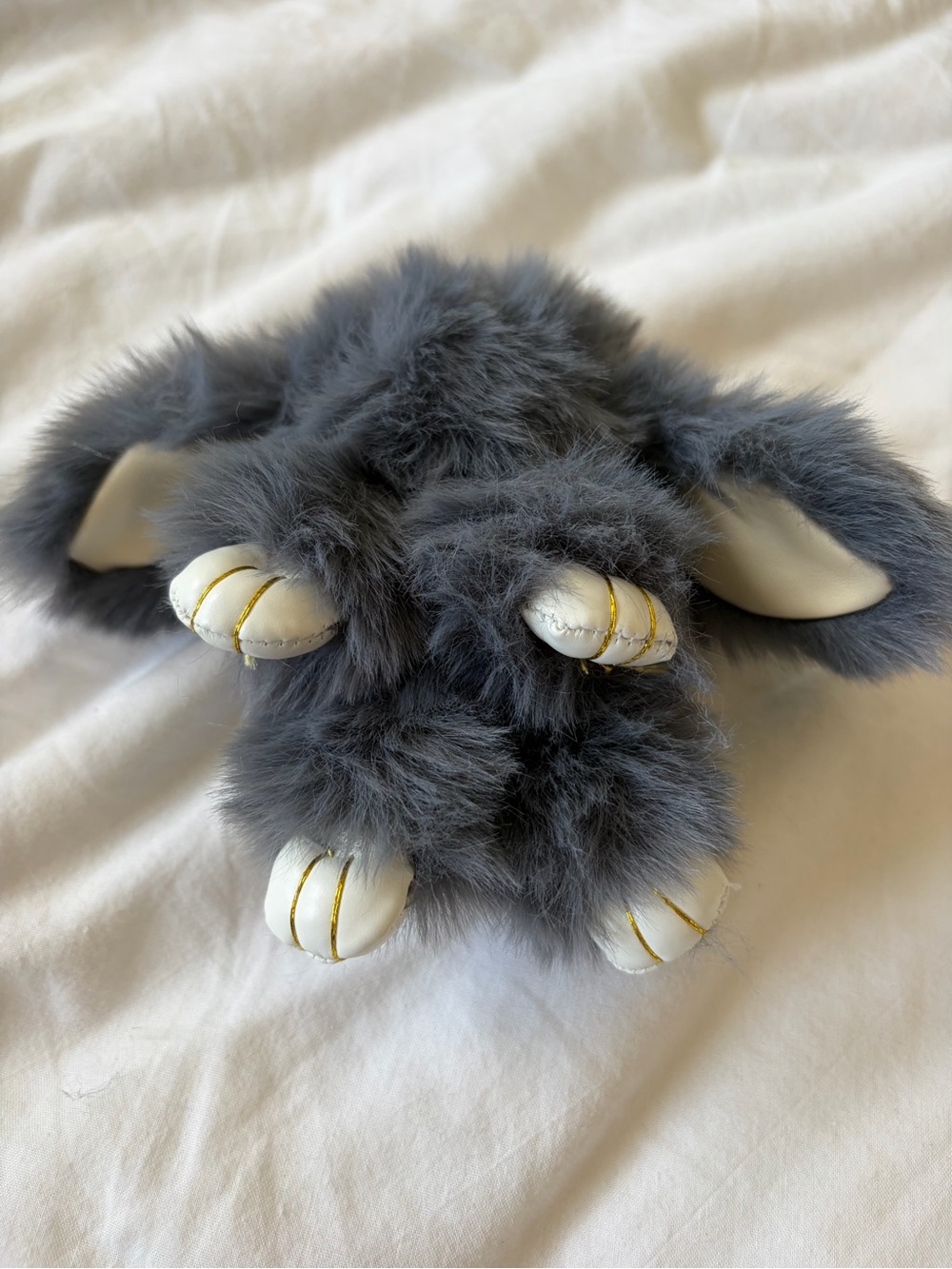Fluffy Gray Faux Fur Pom Keychain with Ivory Claws